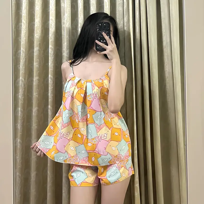 Đồ ngủ nữ - bộ ngủ 2 dây xếp ly quần đùi vải Lụa hàn mềm mịn mát size 40-58kg tùy chiều cao Khuy Nhung Áo Voi 3