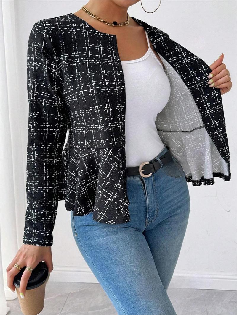 Product Introduction of Women's Plaid Print Ruffle Hem Coat, Casual Long Sleeve Open Front Outerwear for Spring & Fall, Ladies Clothes for Daily Wear 3