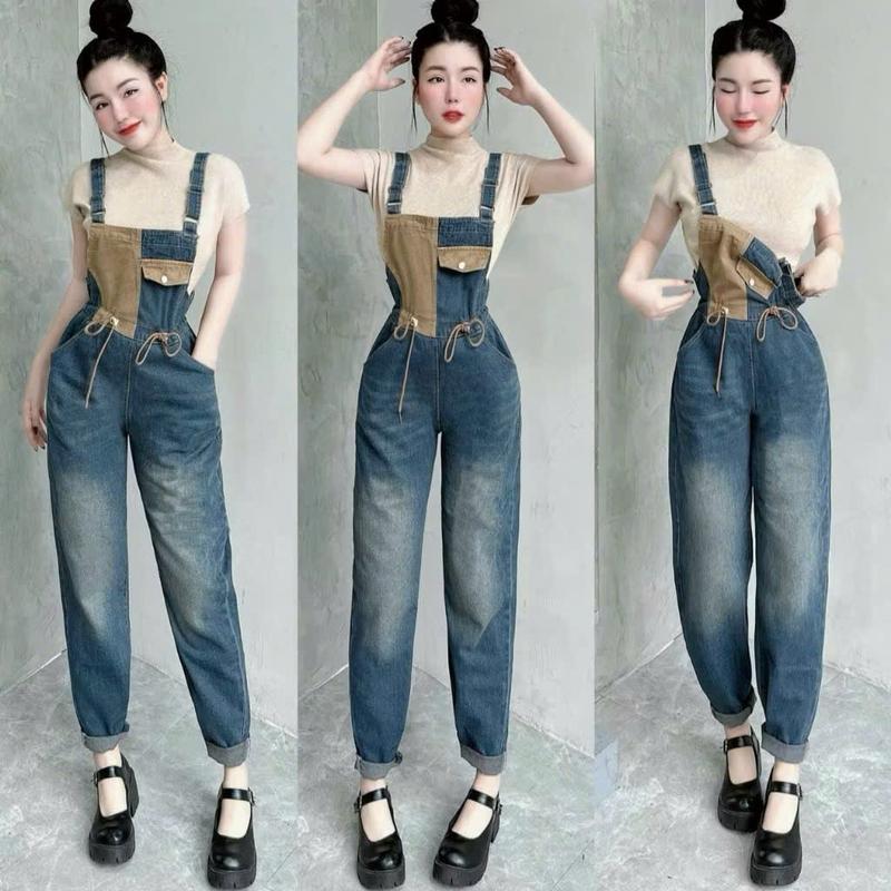 Quần Yếm Jean Dài Hai Dây Rút Eo Nắp Túi- Yếm Bò 2 Dây Nữ Chun Eo Mùa Hè Năng Động