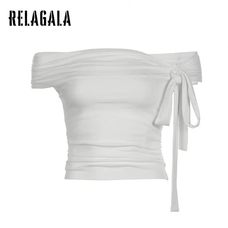 RelaGala Women's 2024 New Y2K  Asymmetrical Knotted Straps Off Shoulder Versatile T-shirt