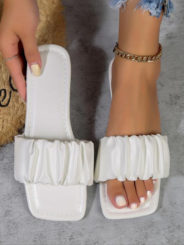 Women's Fashionable Solid Color Ruched Design Slides, 1 Pair Casual Comfortable Flat Sandals, Cute Summer Beach Square Open Toe Shoes for Daily Wear 2