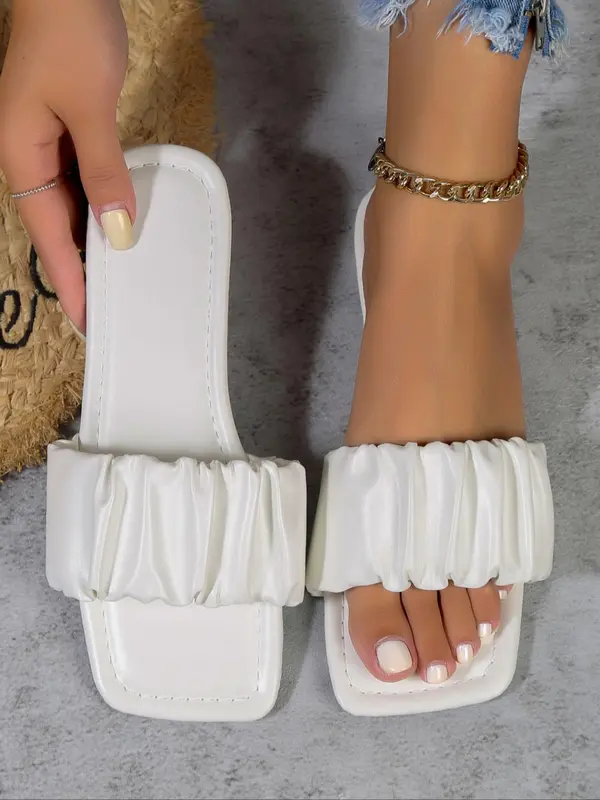 Women's Fashionable Solid Color Ruched Design Slides, 1 Pair Casual Comfortable Flat Sandals, Cute Summer Beach Square Open Toe Shoes for Daily Wear 2