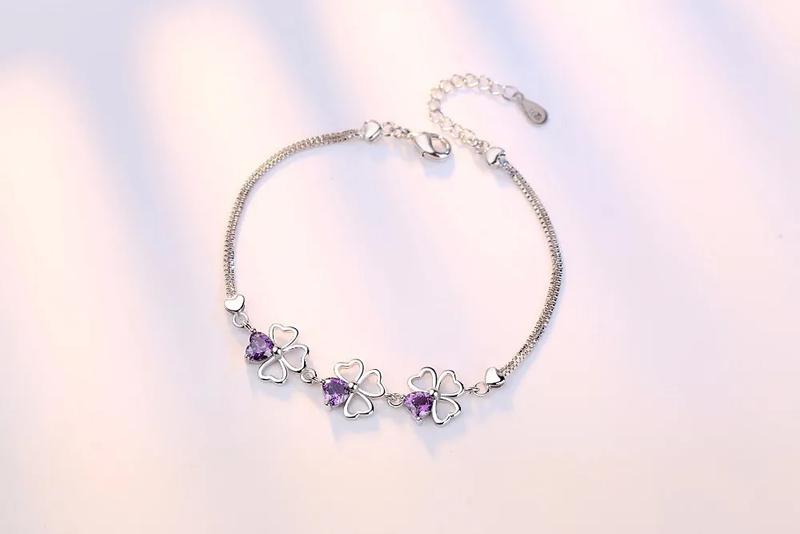 Product Introduction of Lucky Four Leaf Clover 925 Sterling Silver Original Jewelry Purple Crystal Link Chain Charm Bracelet for Women 1