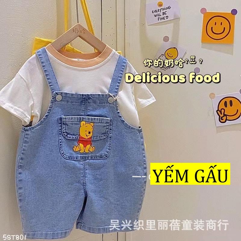 (TẶNG ÁO) Set Yếm Gấu Hai Dây - Vải Jean Bền Bỉ Co Giãn Nhẹ Cho Bé Từ 5 - 20kg - Set Yếm Bò Cho Bé