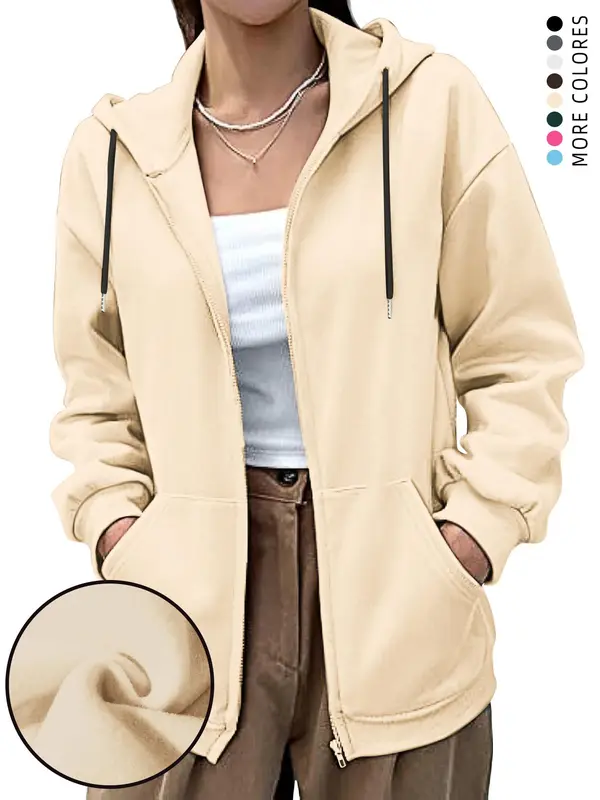 Women's Plain  Zip Up Drawstring Pocket Hoodie, Casual Long Sleeve Hooded Sweatshirt for Fall & Winter, Women's Clothes for Daily Wear 1
