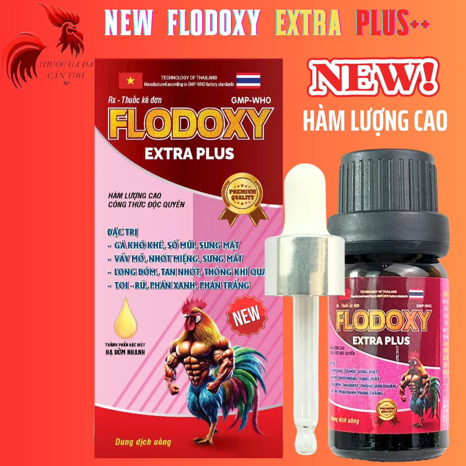 NEW Flodoxy Extra Plus hàm lượng cao trị hen khẹc, khò khè, có đờm, sưng đầu , phù mặt, viêm mắt có bọt, chảy nước mắt mũi, đường tiêu hóa cho gà (10ml)