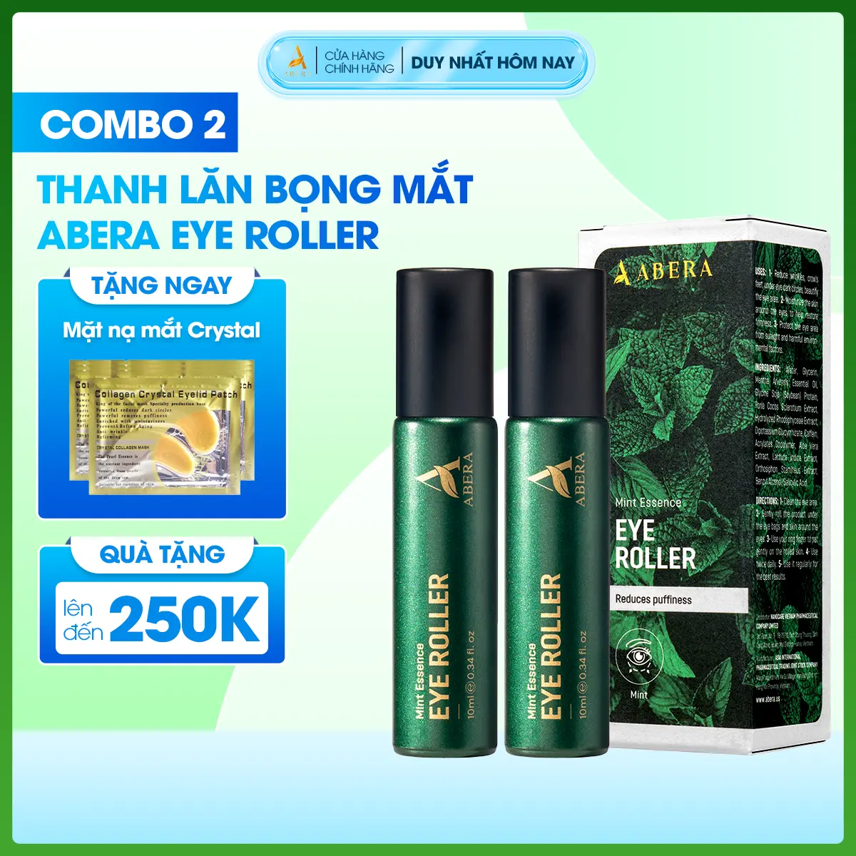 COMBO 2 Thanh lăn bọng mắt Abera 10ML - Giúp giảm bọng và mờ quầng thâm mắt, dưỡng ẩm vùng da mắt