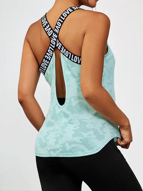 Sporty Women's Camo Print Letter Tape Sports Vest, Sport Criss Cross Cut Out Tank Top, Gym Clothes, Running Vest, Ladies Sportswear Fitness for Summer, Gymclothes, Activewear,  Gym Wear 0