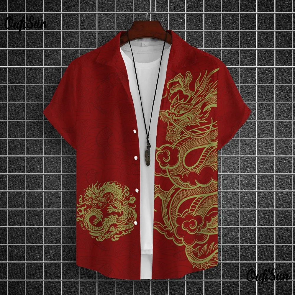 Men's Thai Clothing, Chinese New Year Shirt, Men's Shirt, Dragon Pattern Summer Fashion for Men Chinese New Year Shirt