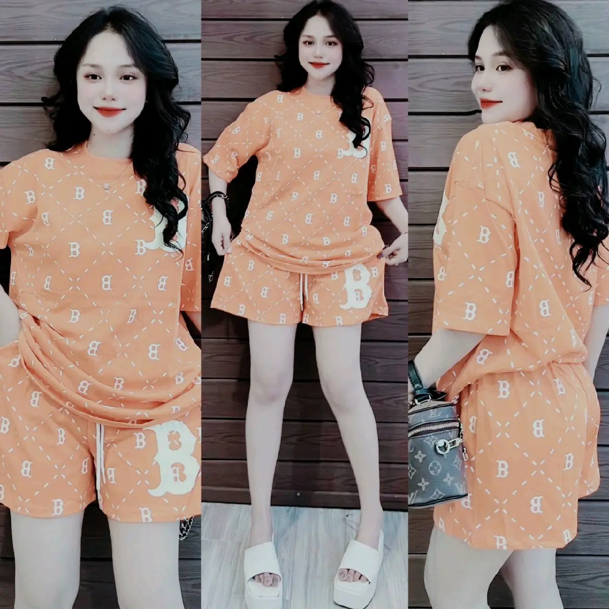 Sét bộ đùi nữ chữ B màu cam nhạt dễ thương _ Quần có túi _ vải thun cotton xịn mịn mát thấm mồ hôi mặc thích _ Không ưng báo shop nhận lại đủ tiền hàng 2 bên cùng vui vẻ _ XINH shop _ Nữ Women Voi Top Bo Chun set botieuthu