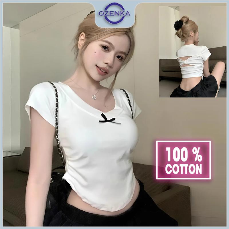 Áo baby tee croptop cổ V hở lưng nhún eo đính nơ nữ Ozenka , áo CRT kiểu ôm basic thun cotton đen trắng đẹp xinh mát mịn