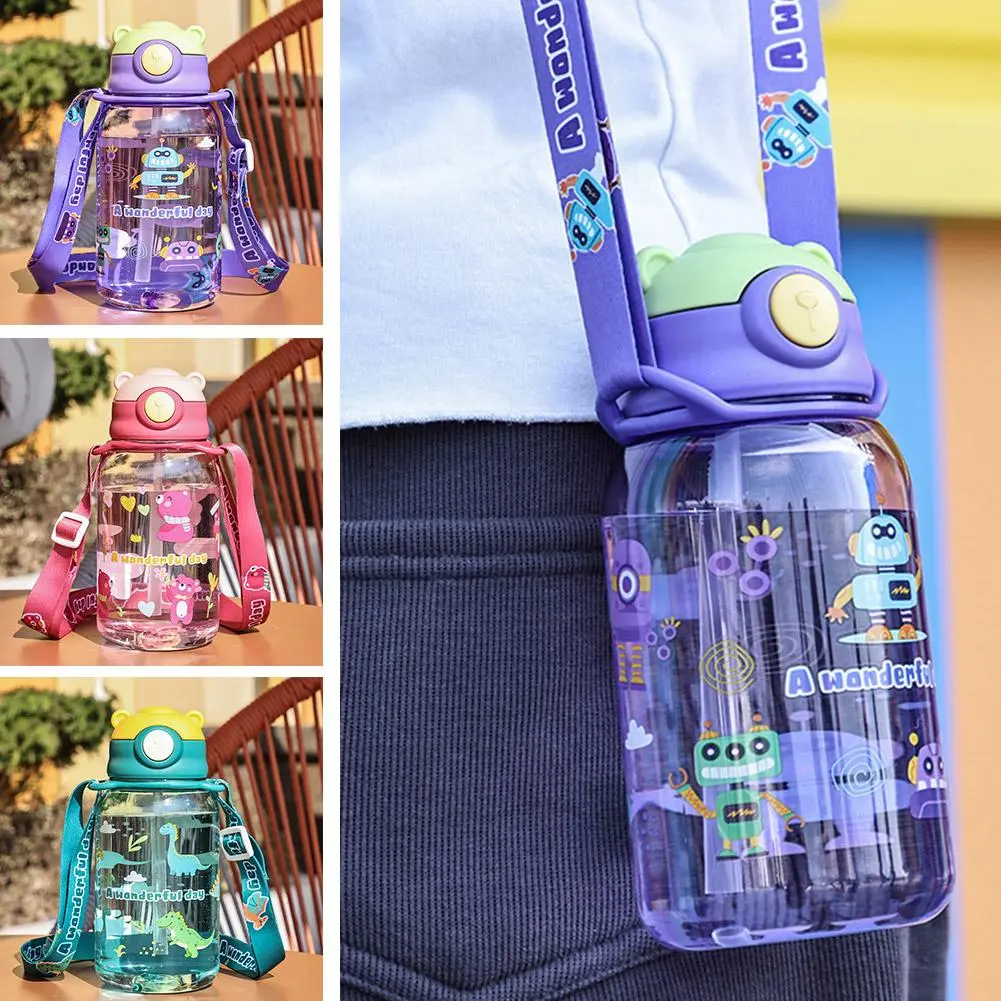 650ml Cute Kids Water Bottle With Straw Free BPA Leakproof Outdoor Portable Children's Cups D3U7