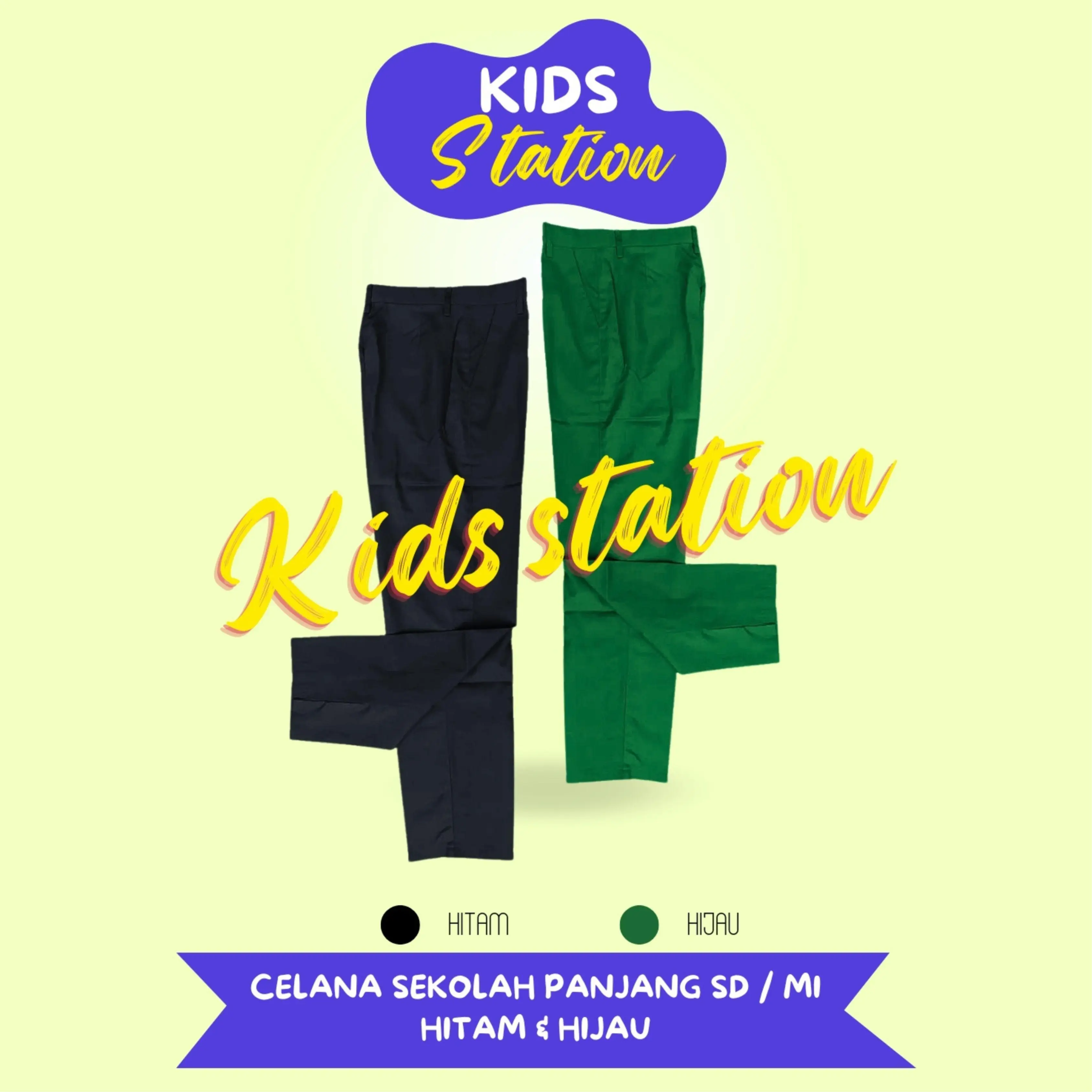 Celana Panjang Seragam Sekolah SD MI Laki Laki Cowok Kelas 1 2 3 4 5 6 Warna Hitam dan HIjau MI Bawahan Sekolah Anak Katun Fashion