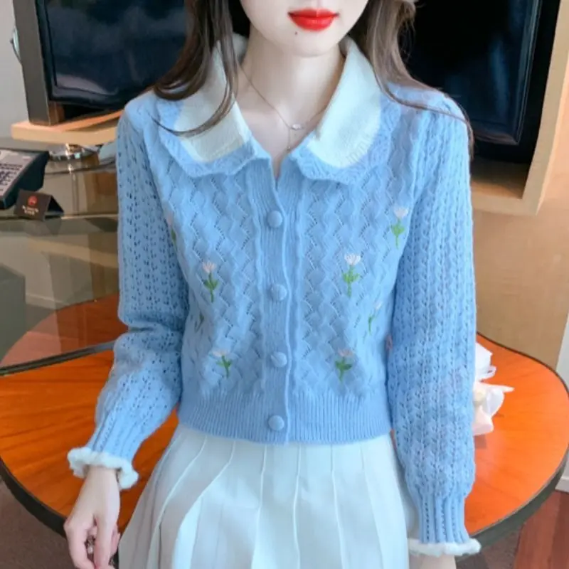 Áo Cardigan Dệt Kim Cổ Búp Bê 2024 Cho Nữ Áo Khoác Len Phổ Biến Mới Mùa Thu Và Mùa Đông Áo Dài Tay Ngắn Trẻ Trung