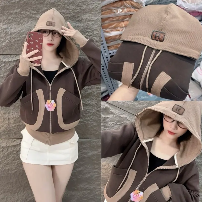QUỲNH NHI - Áo Khoác Cotton Phối Túi Tròn, Nón To, Vải Dày Dặn, Logo Mác Da, 6 Túi, Túi Trong Khoá Kéo (CPT)