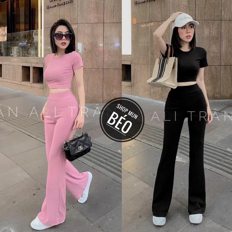 Set Bộ Quần Dài Ống Loe Kèm Áo Croptop Tay Ngắn Kvy S1 Chất Thun Cotton Chính Phẩm Thích Hợp Mặc Đi Tiệc Đi Làm Đi Chơi Nữ