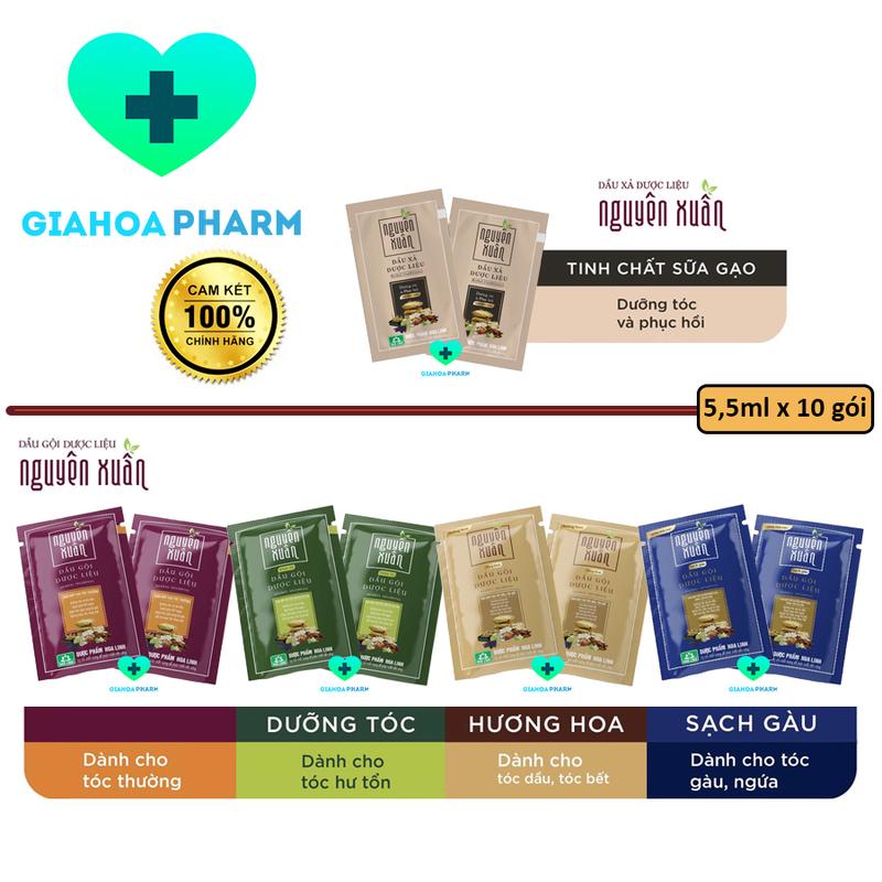Dầu gội xả dược liệu Nguyên Xuân dạng gói DÂY 10 GÓI - Giảm ngứa rụng tóc sạch gàu bết tóc dưỡng tóc Hoa Linh