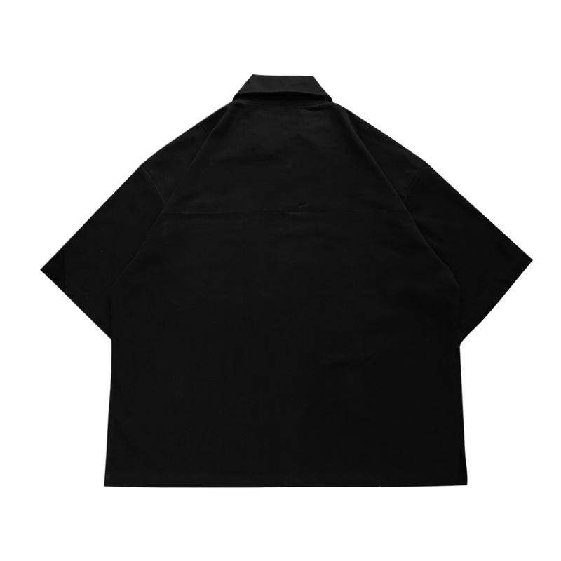 Goovin Workshirt zipper Kemeja Pendek Boxy Fit Katun Hitam Kerah Oversize ke meja 1