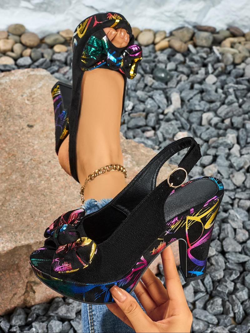 Product Introduction of Women's Fashionable Bow Decor Peep Toe High Heel Sandals, Casual Comfortable Platform Sandals for Daily Wear, Female All-match Retro Shoes for Women & Girls 7