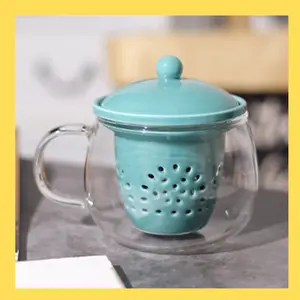 Gelas Cangkir Mug Kaca DEngan Saringan Untuk Seduh Siram Herbal Jamu Teh Tanaman Dau Tumbuhan Obat Air Panas