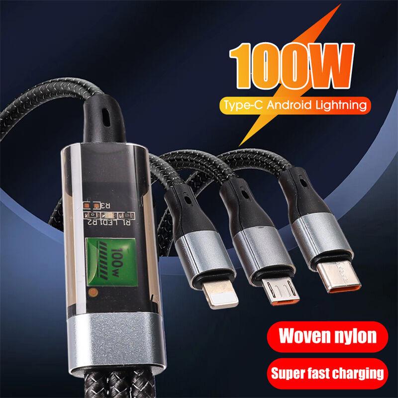 Cáp Sạc Siêu Nhanh, 100W, 3 trong 1, 6A, Micro USB và Type-C, Cáp dữ liệu Type-C, Tương thích với iPhone 15, 14, 11, Samsung và Huawei 3