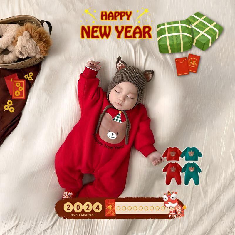 Bodysuit Nỉ Bông Tết Hình Gấu Ấm Áp Cho Bé, Bodysuit LOTUKA Cho Bé Trai Bé Gái, Quần Áo Trẻ Em Thu Đông Size 3-12kg Jumpsuit