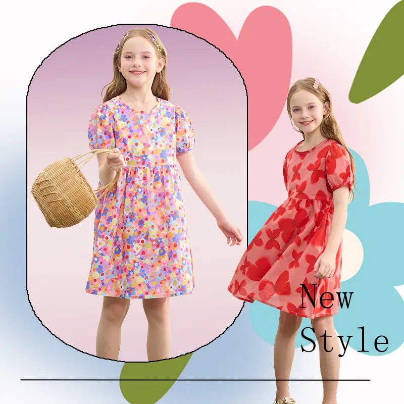 2025 Summer Girls' Dress for Big Kids, Vintage Puff Short Sleeve Children's Cotton Dress, Little Girl Princess Dress