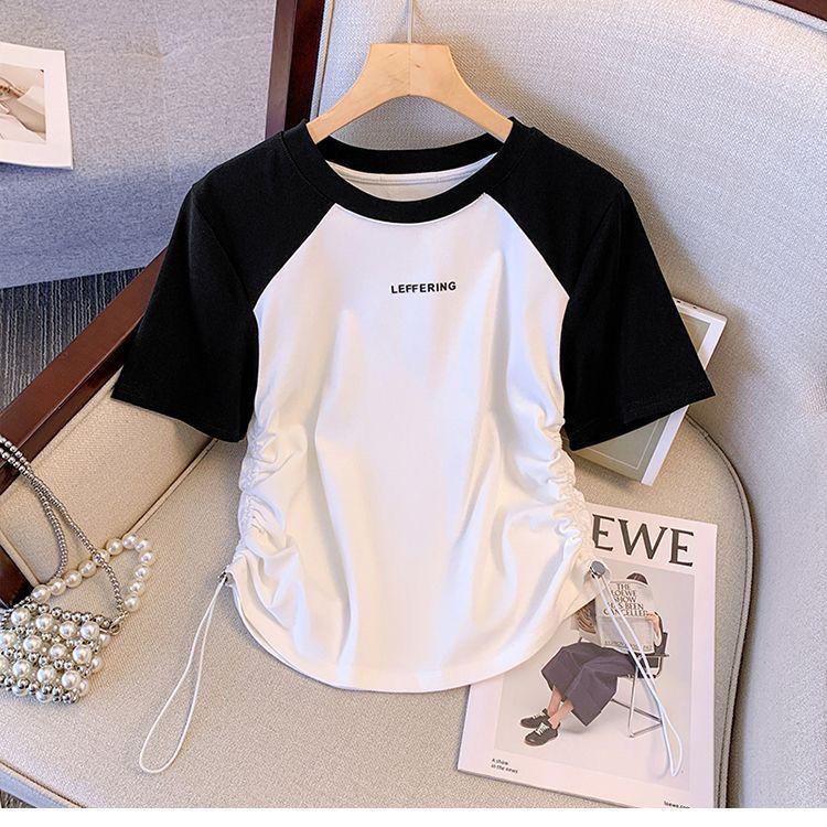 Product Introduction of Plus Size Irregular Letter Shoulder Short-Sleeved T-shirt Women's Summer New Belly Covering Short Top 7