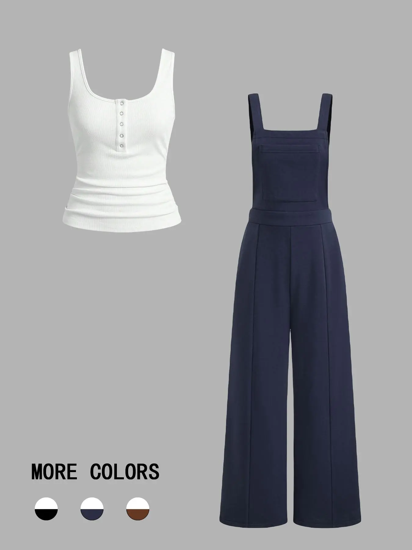 Women's Solid Button Front Tank Top & Pocket Overall Jumpsuit Set, Chic Casual Ruched Sleeveless Top & Adjustable Strap Overall Jumpsuit, Ladies Clothes for All Seasons