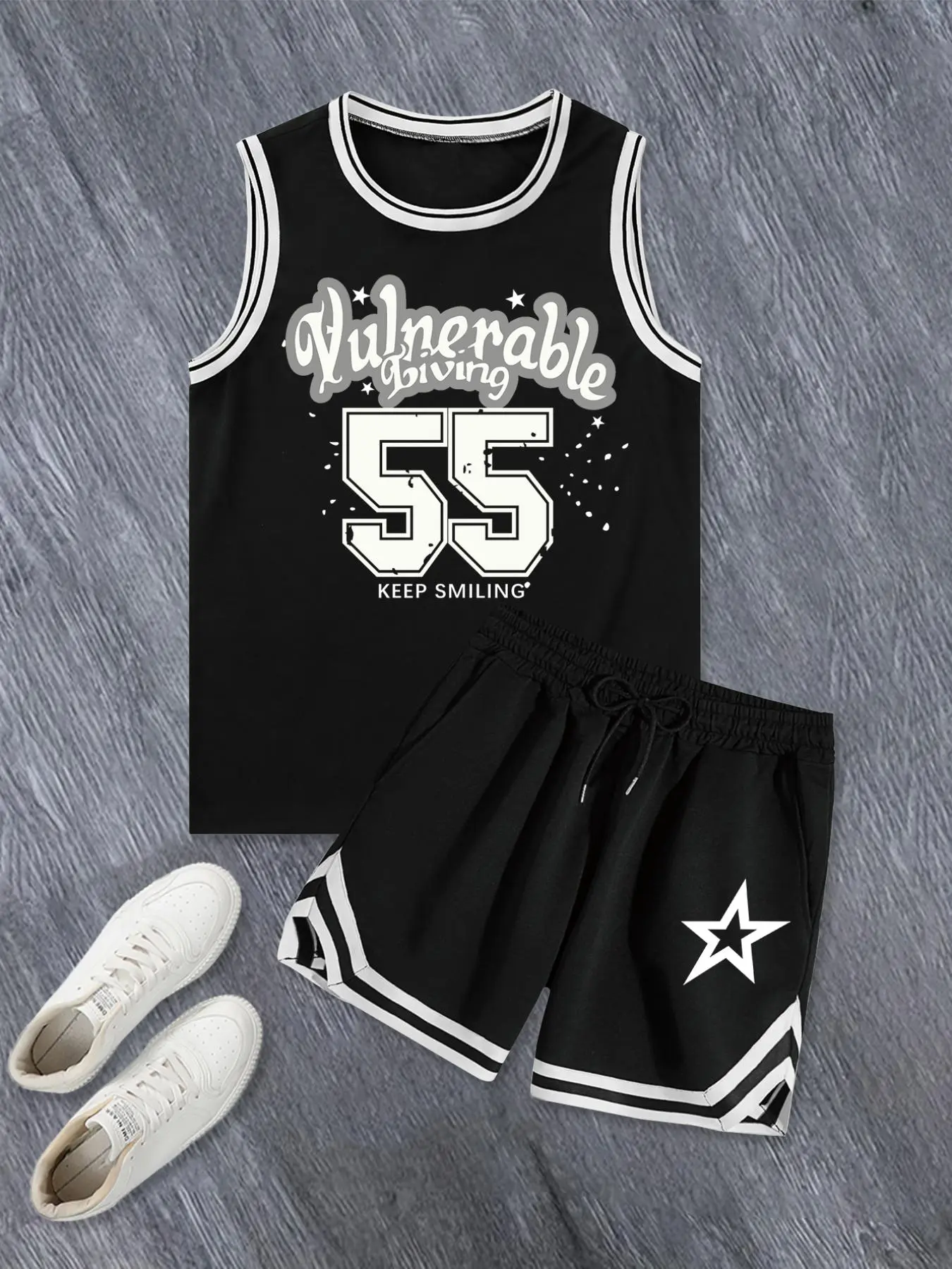 Men's Letter & Star Print Tank Top & Shorts Two-piece Set, Loose Casual Comfy Breathable Sleeveless Top & Shorts for Daily Wear, Men's Clothing for All Seasons