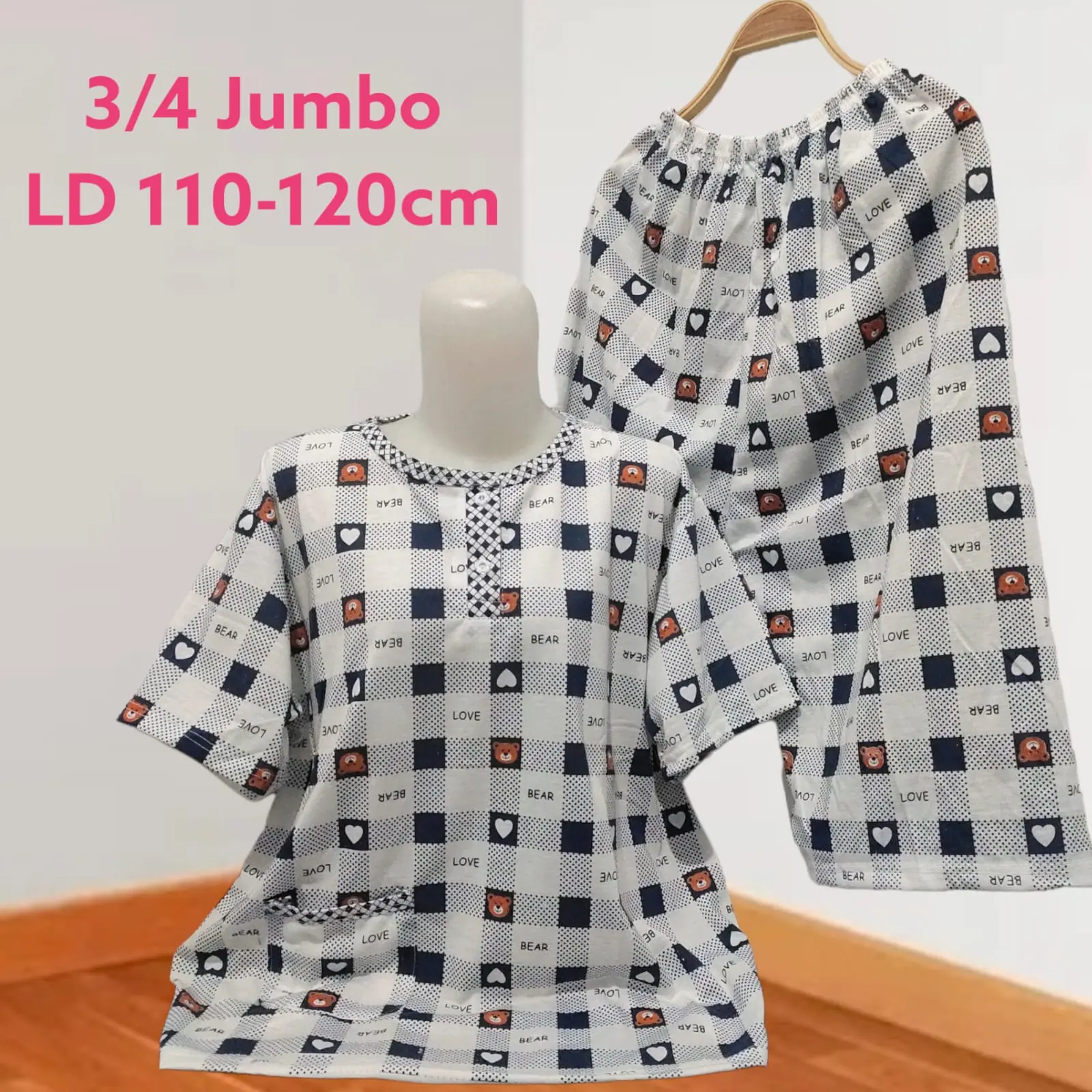Setelan Baju Tidur Kaos Celana 3/4 Jumbo Big Size Babydoll Wanita LD 110-120cm Busui Kancing