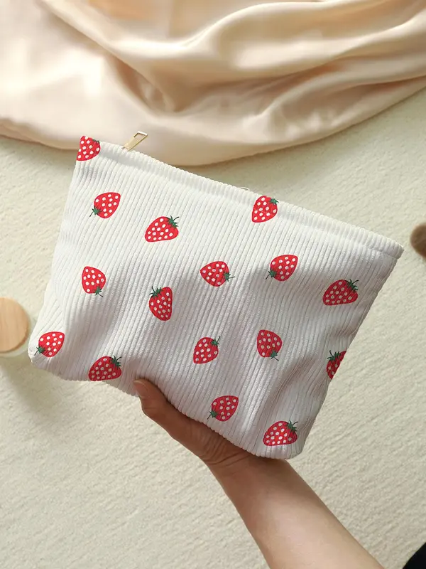 Strawberry Pattern Makeup Bag, Lightweight Multi-functional Travel Cosmetic Bag, Zipper Makeup Organizer Pouch, Versatile Storage Bag 2