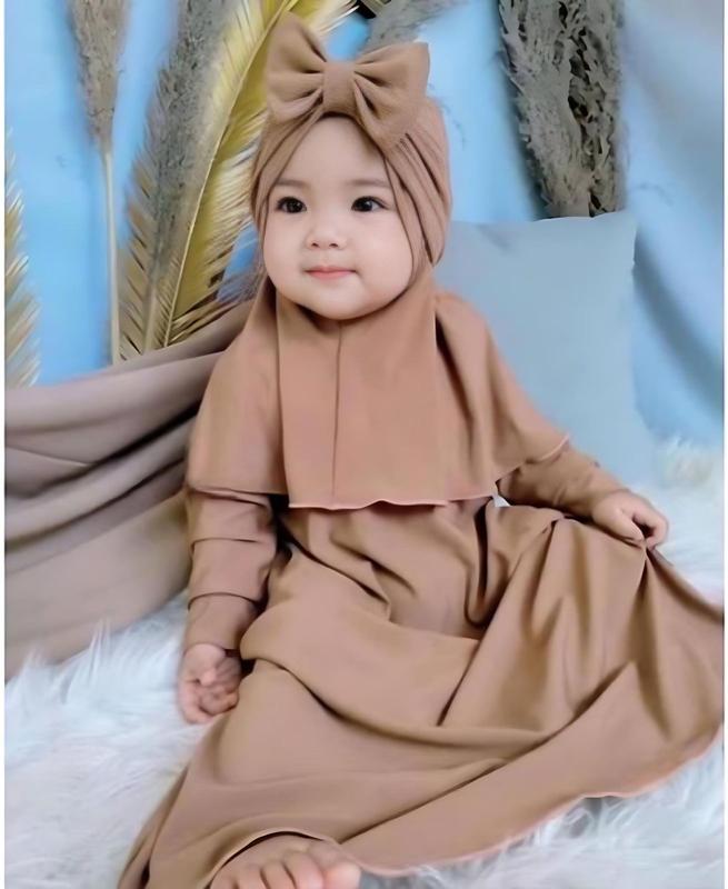 Gamis Bayi Hijab Free Turban Polos 0-2 Tahun Balita Anak Fashion Pakaian Perempuan muslim panjang variasi baju Merah Setelan Kerudung Nyaman Cewek Lembut 9