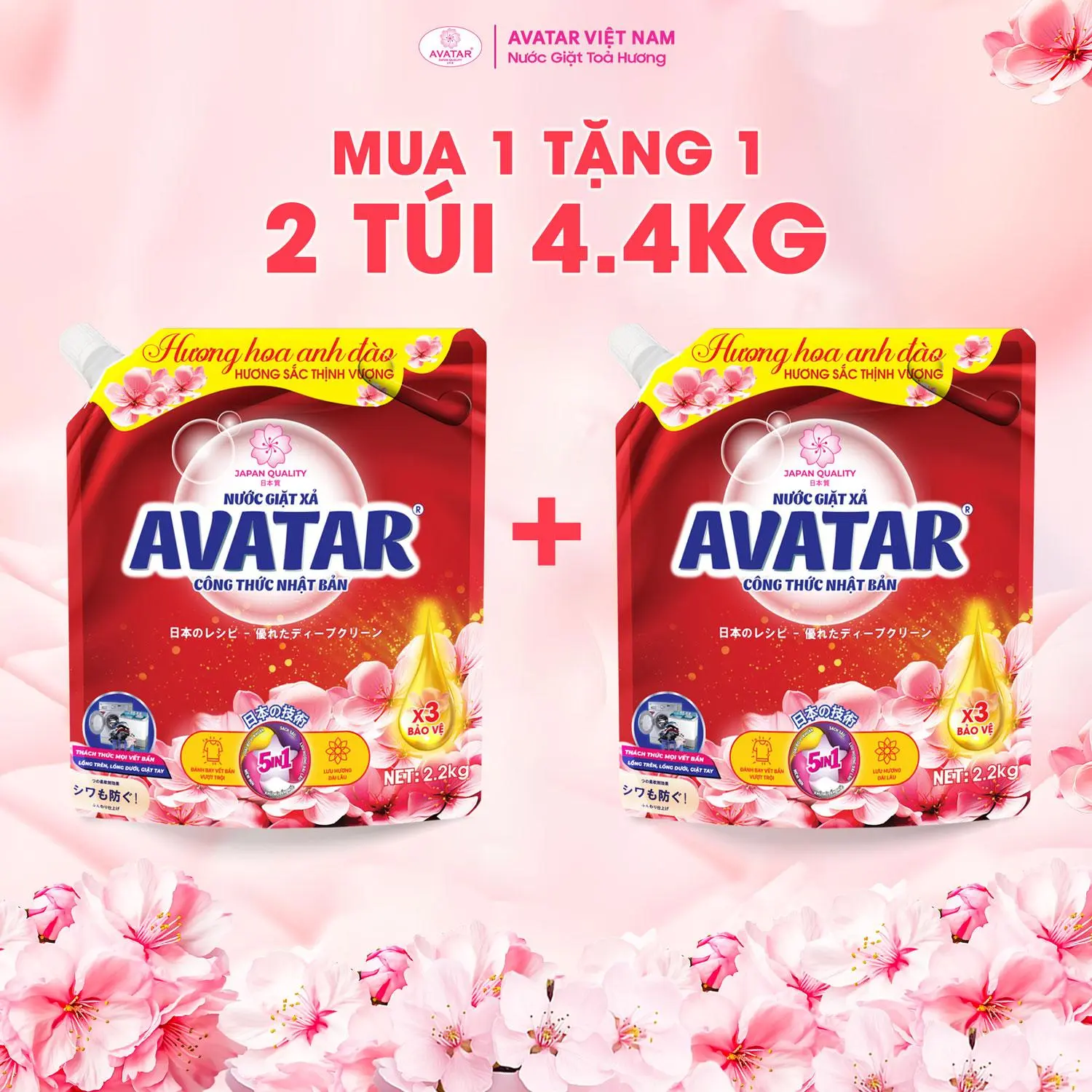 (MUA 1 TẶNG 1) Nước Giặt Xả Avatar 5 In 1 Hương Hoa Anh Đào Làm Sạch Sâu Combo 2 Túi 4Kg4