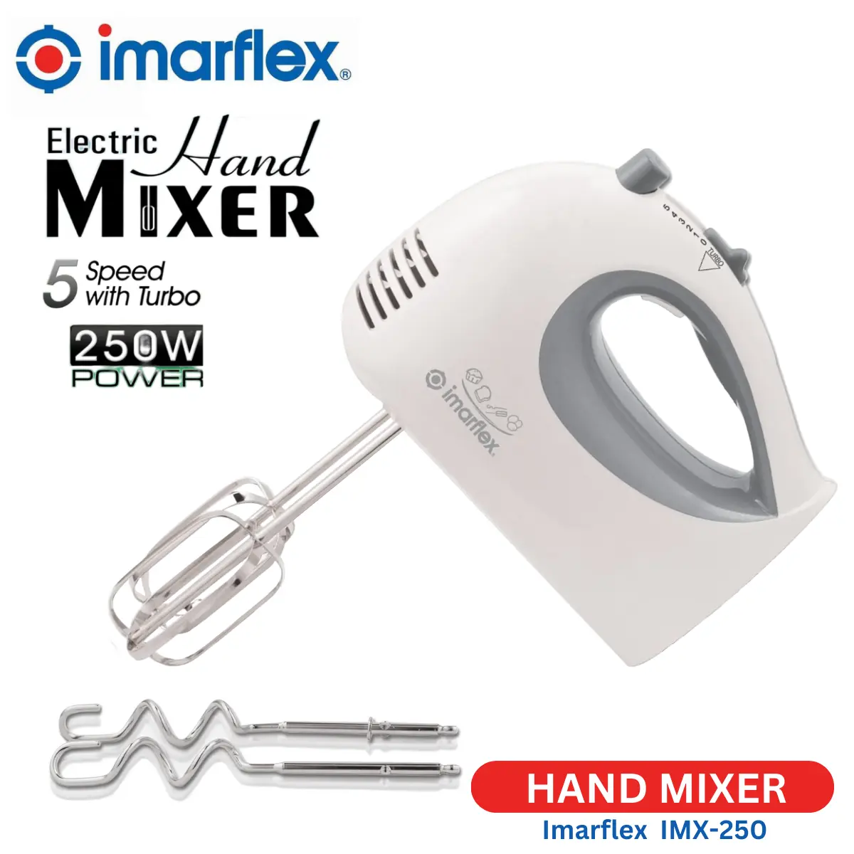 Imarflex Electric Hand Mixer for Baking IMX-250 Heavy Duty White Handmixer