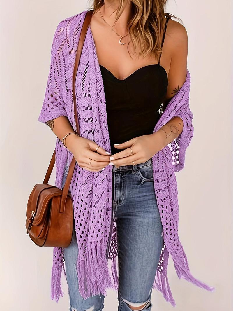 Product Introduction of 【Plus Size】 Women's Solid Fringe Trim Open Front Cardigan, Casual Half Sleeve Knitwear for Daily Wear, Ladies Clothes for All Seasons, Tops 4