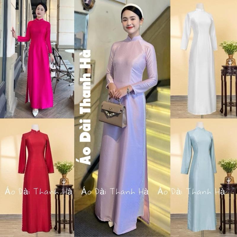 Áo Dài Truyền Thống 2 Tà Lụa Vân Gỗ, Đính Kết Ngọc Trai Thủ Công -Áo Dài Thanh Hà (Đủ Các Màu Kem Nữ Women Dress Sen)