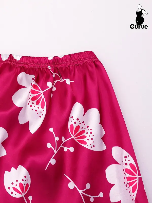 【Plus Size】 Floral Print Lapel Neck Top & Shorts Pyjama Two-piece Set, Elegant Comfy Short Sleeve Top & Shorts PJ Set, Women's Sleepwear for All Seasons, Loungewear 5