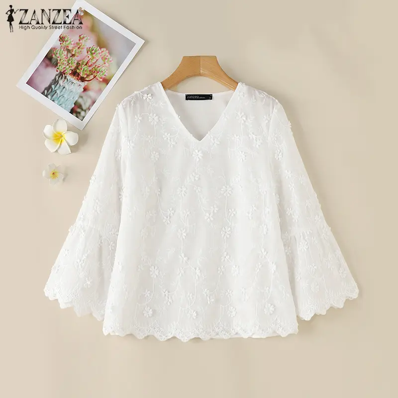 ZANZEA Womens Ladylike Style V-Neck Ruffled Sleeves Loose Blouses Holiday Retro Embroidery Print Tops *