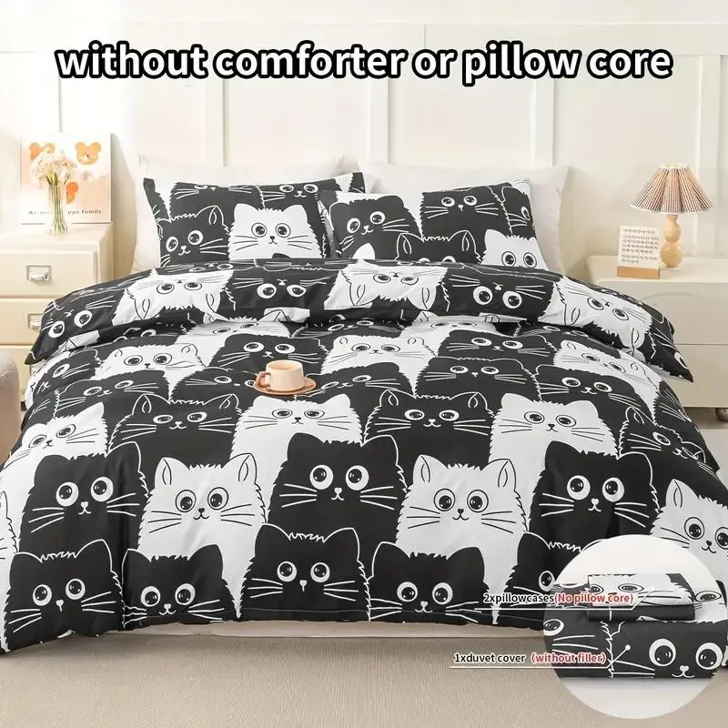 Cat Pattern Bedding Set, 3 Counts/set Including 1 Count Quilt Cover & 2 Counts Pillowcase without Filler, Soft Comfortable Bedding Set for Bedroom 8