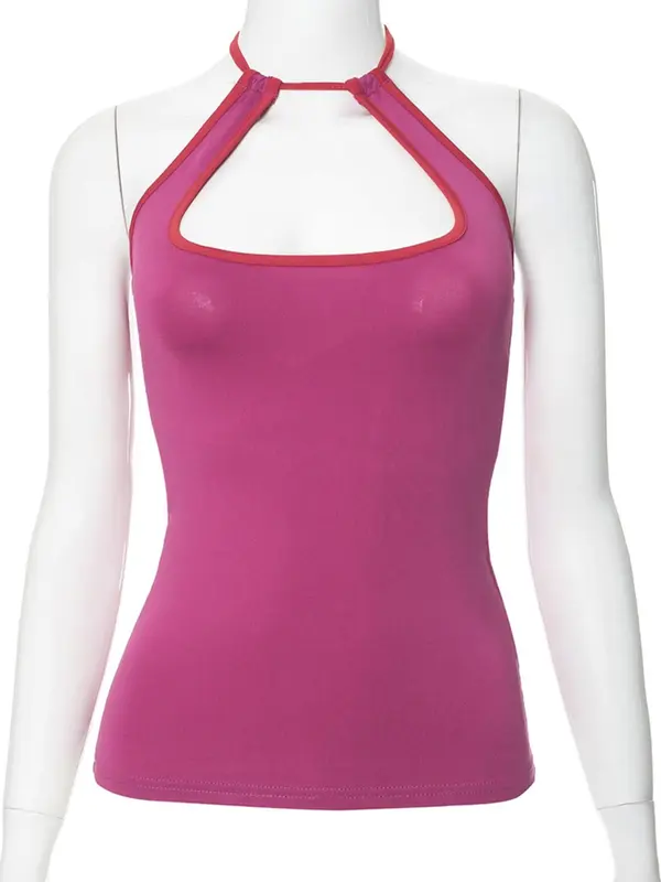 Women's Colorblock Contrast Binding Halter Neck Tank Top, Street Fashion Casual Tie Back Backless Top for Daily Outdoor Wear, Ladies Clothes for Summer, Camisole, Womenswear 6