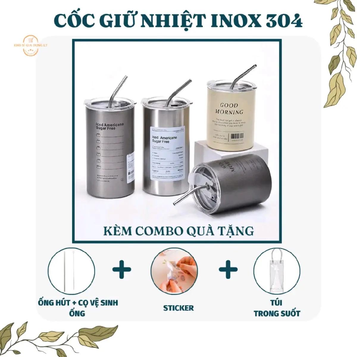 Bình giữ nhiệt,ly giữ nhiệt 600ml Iced Americano tặng kèm ống hút, túi trong, chổi vệ sinh ống hút, hình dán 2D