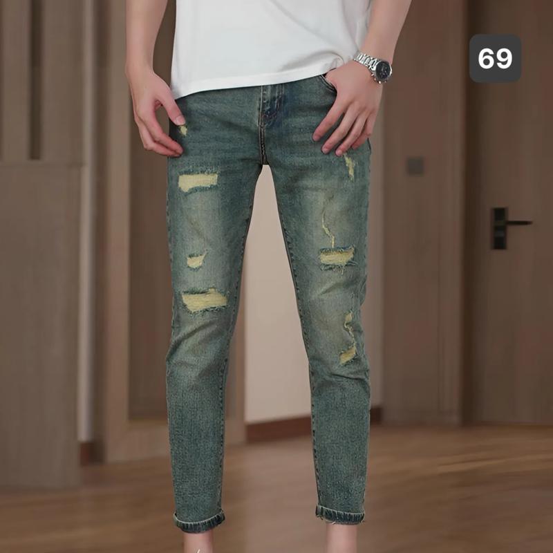 Quần jeans nam 69 rách gối màu xanh rêu, chất liệu bò co giãn thời trang cao cấp NấmStore form skinny mới Menswear Có Túi Pants