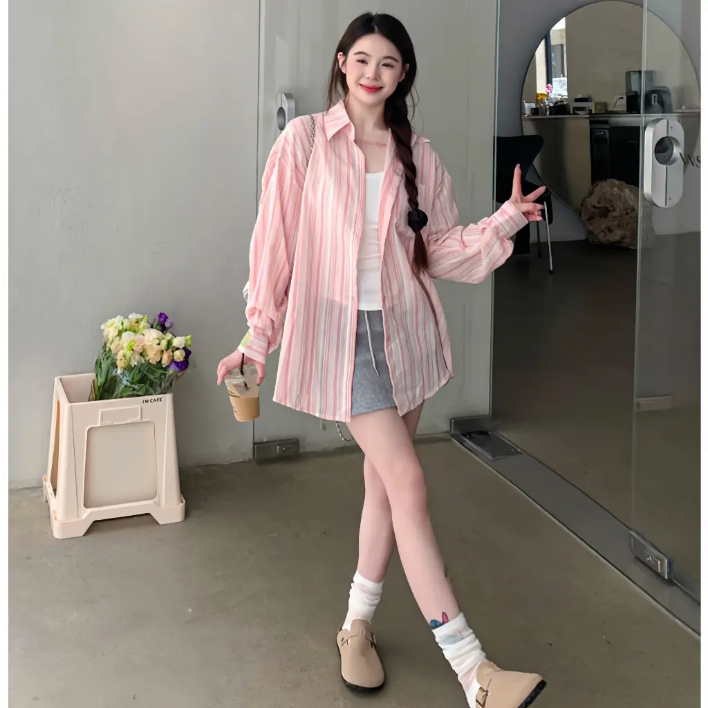 [  QIHO ] Áo kiểu nữ sơ mi dài tay kẻ sọc chất đũi 2 màu xinh pastel Qiho Women Shirt Top Kem | BigBuy360 - bigbuy360.vn