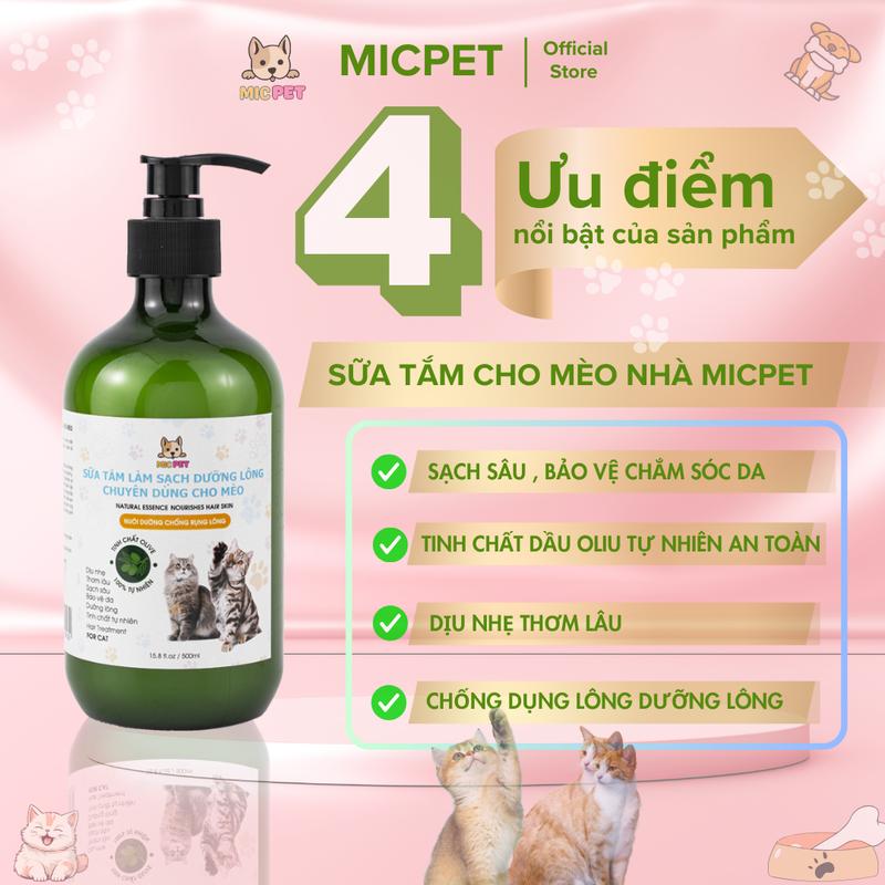 Combo Báo Đời MicPet [Sữa Tắm Cho Mèo 500ml Dưỡng Lông Bảo Vệ Da Sạch Ngừa ve rận nấm ghẻ  + Dung Dịch Nhỏ tai vệ sinh sạch tai phòng viêm tai Chó Mèo chai to 60ml] Tặng bàn chải Kỳ Lông|Voucher 20k 1