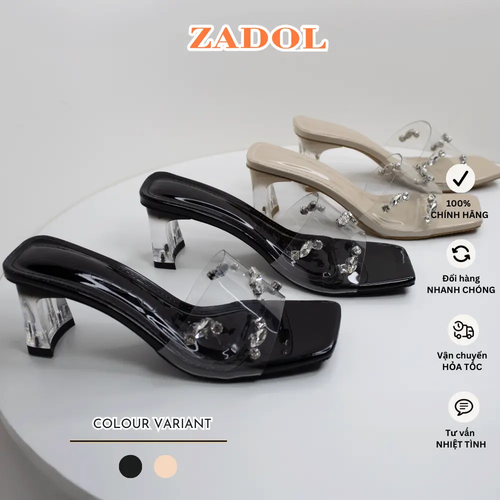 Zadol 561- Giày Cao Gót Vuông Hở Mũi Vuông Không Quai Mica Đính Đá Lấp Lánh Màu Kem, Đen Sang Chảnh