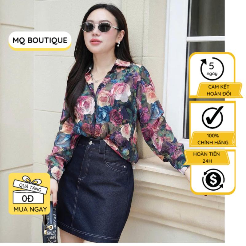 Sơ mi nữ lụa Nhật dài tay hoa tím hồng xanh sang trọng thiết kế MQ Boutique công sở cao cấp áo sơ mi họa tiết thiết kế