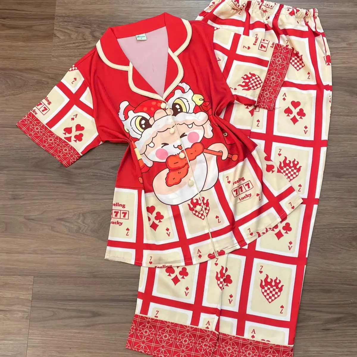 LATIN 12 (45-85kg) - Pijama lụa Latin lụa mịn thiết kế hoạ tiết hoạt hình tết dễ thương dễ thương, có tay ngắn tay dài Nữ Women Áo Quần Ngủ