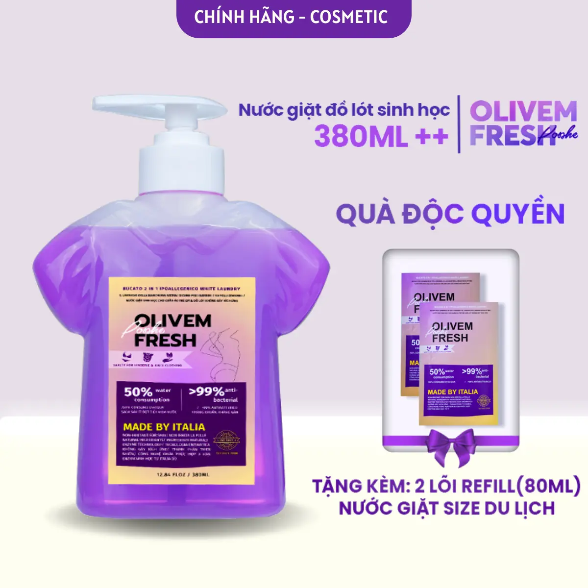 [TẶNG 2 LÕI REFILL] Nước Giặt Đồ Lót Sinh Học Posshe Olivem Fresh 380ml Xuất Xứ Italy
