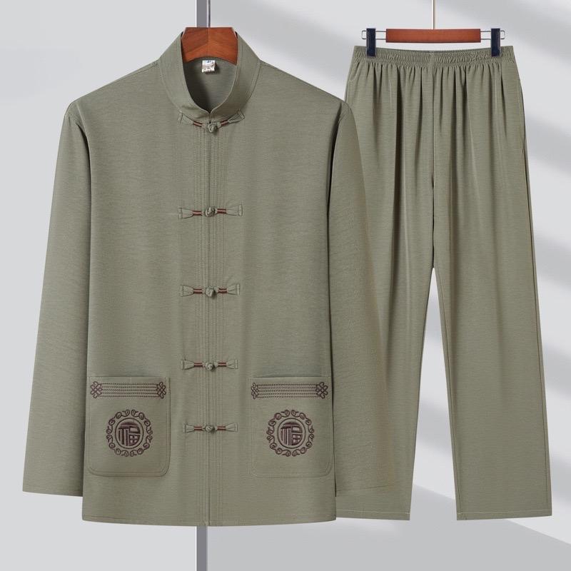 Bộ Quần áo đũi trung niên nam cổ tàu đồ bộ áo dài tay cho ông cho bố Món quà ý nghĩa tặng ba Thời trang Menswear set Ong